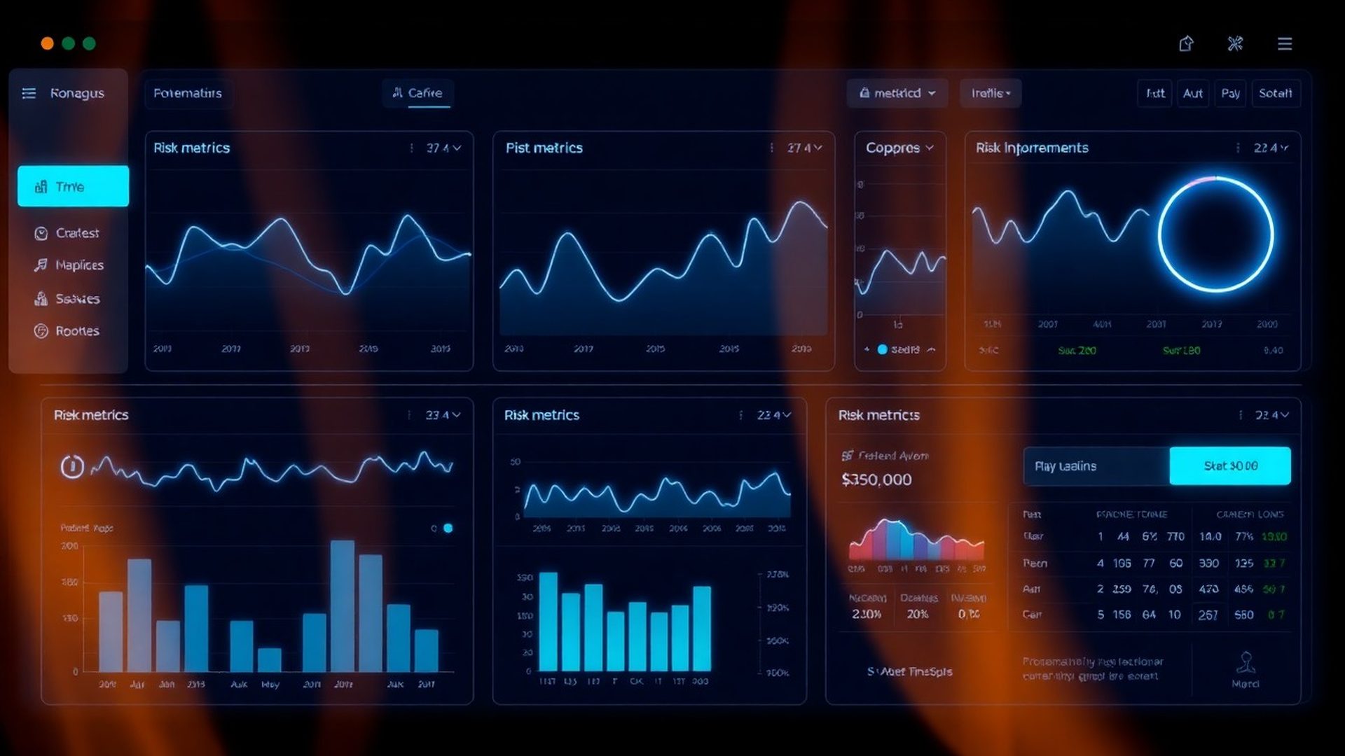 Dashboard indigo cu grafice de tranzacționare și metrici de risc
