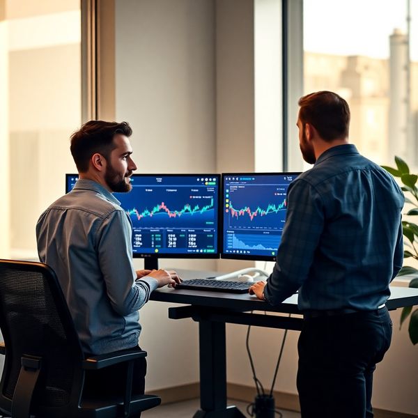 Doi fondatori la un birou cu monitoare afișând dashboard-uri de trading în tonuri indigo